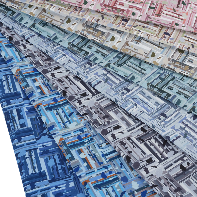 100D * 40S ผ้าฝ้ายผ้าไหมเย็นบทคัดย่อผ้าพิมพ์ดิจิตอลบล็อกบวกและลบ